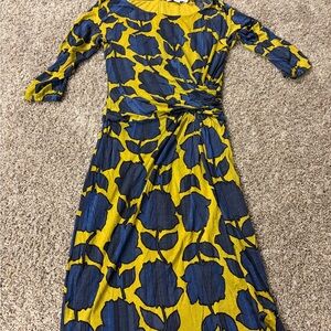 Boden 3/4 Sleeve Dress in Blue and Yellow Floral